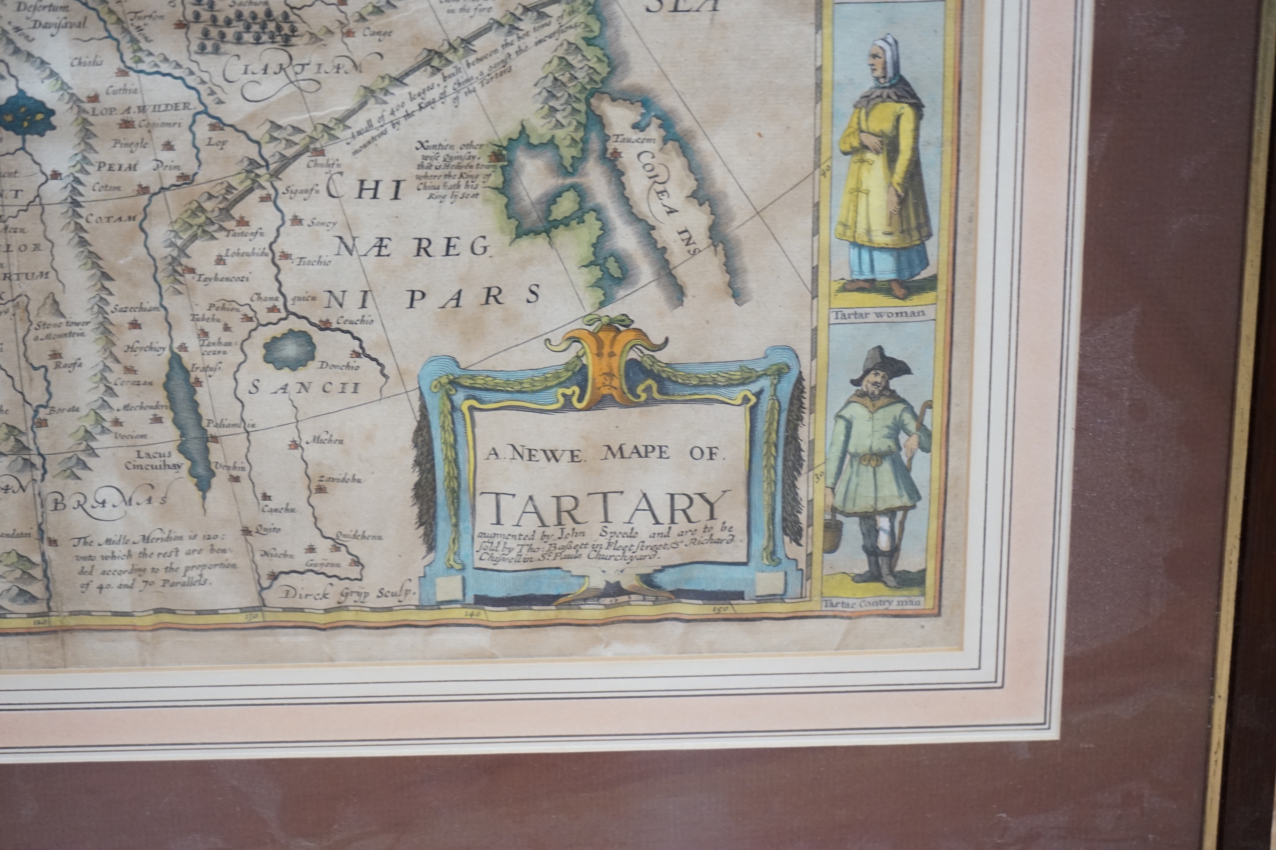 John Speed (1552-1629), hand coloured map, A Newe Mape of Tartary, sold by Thomas Bassett, Fleet Street and Richard Chiswell in the St Paul's Churchyard, 40 x 52cm